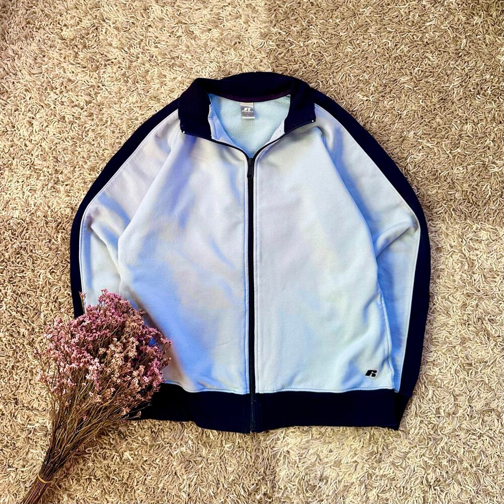Vintage Russell Athletic Blue Zip Up Sweatshirt Pullover Stripes Women’s Size L